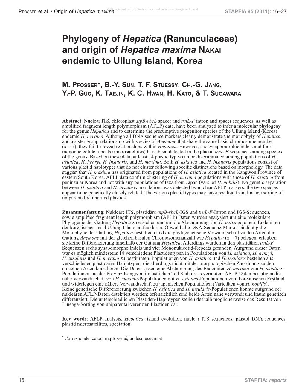 Phylogeny of Hepatica (Ranunculaceae) and Origin of Hepatica Maxima Nakai Endemic to Ullung Island, Korea