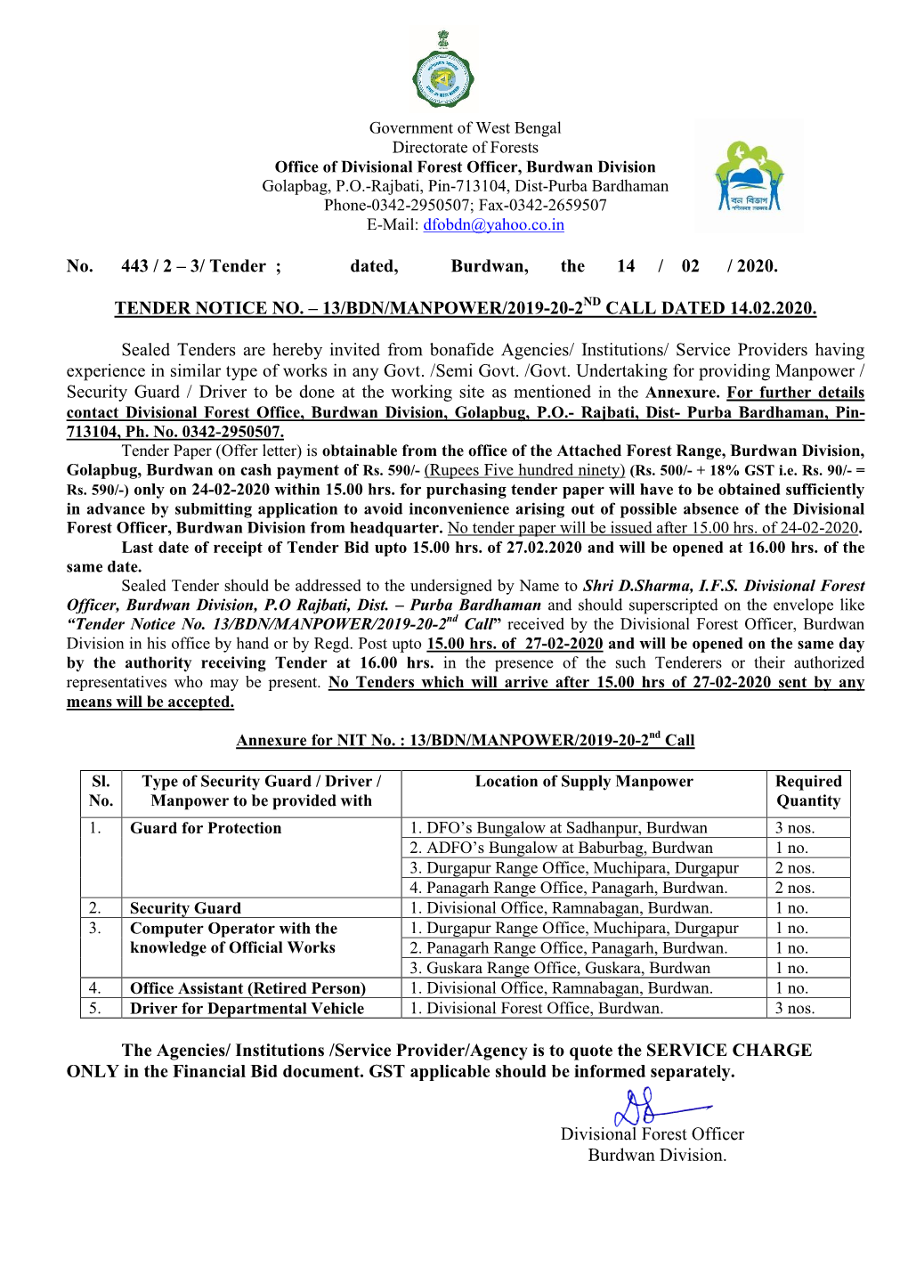 Dated, Burdwan, the 14 / 02 / 2020. TENDER NOTICE
