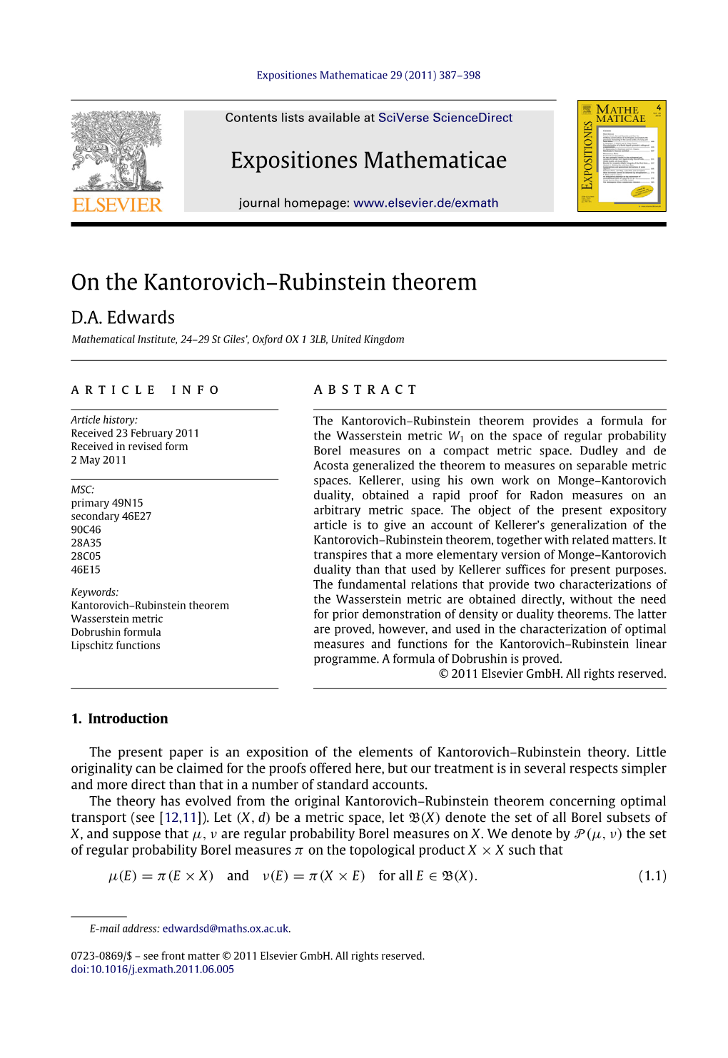 On the Kantorovich&#X2013;Rubinstein Theorem