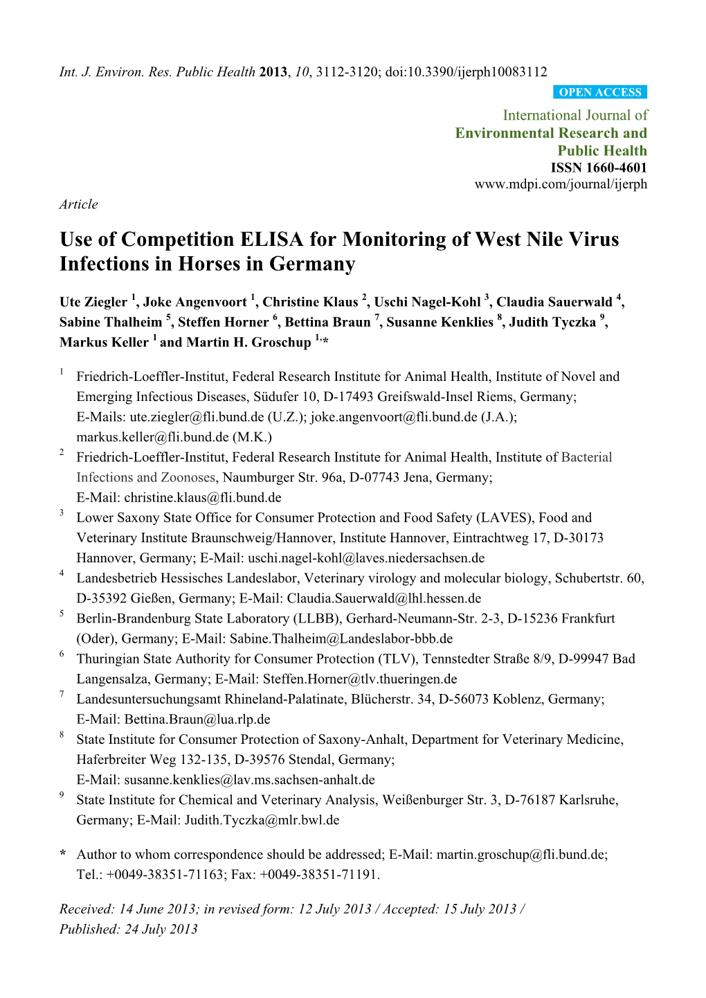 Use of Competition ELISA for Monitoring of West Nile Virus Infections in Horses in Germany