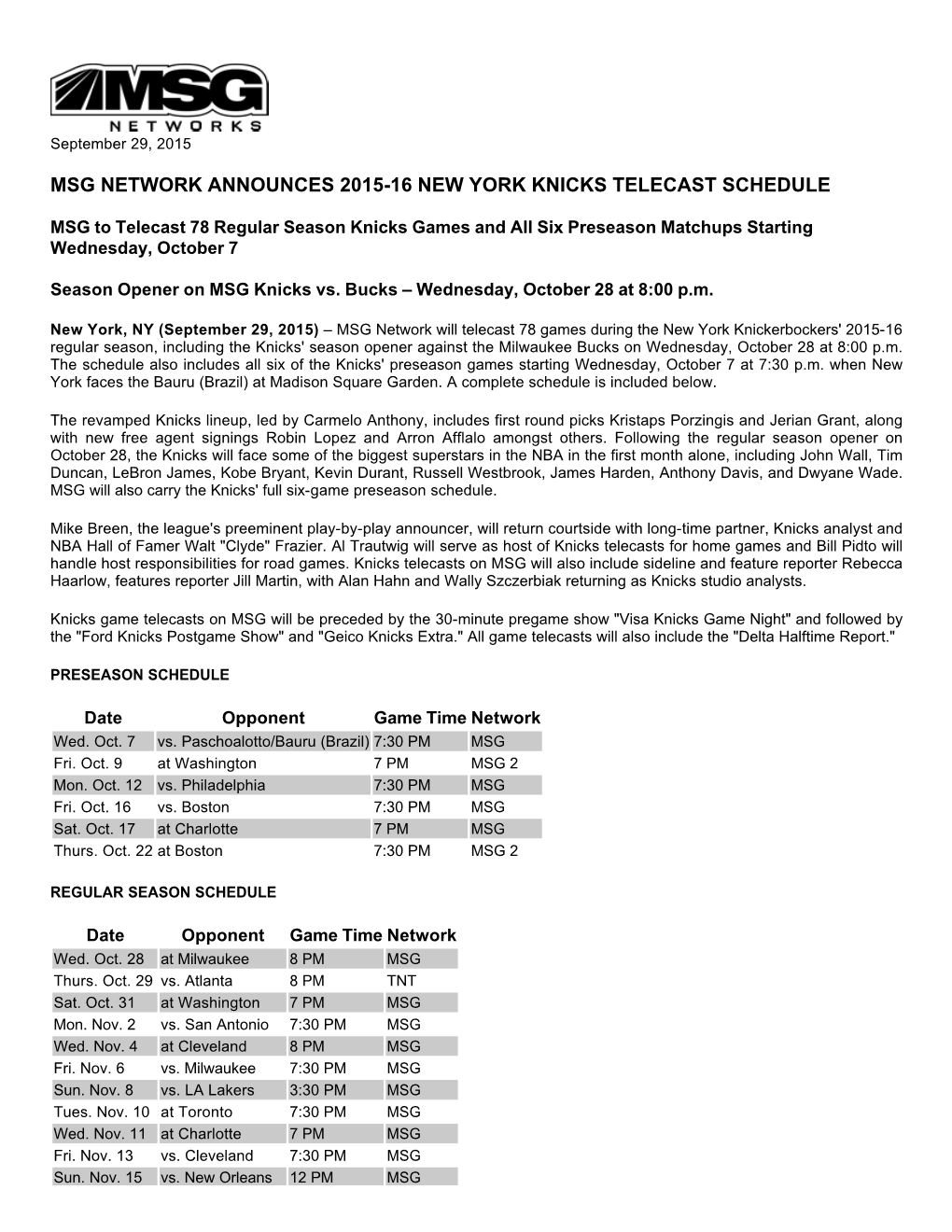 Msg Network Announces 2015-16 New York Knicks Telecast Schedule