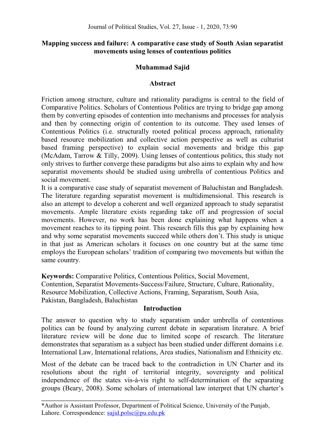 A Comparative Case Study of South Asian Separatist Movements Using Lenses of Contentious Politics