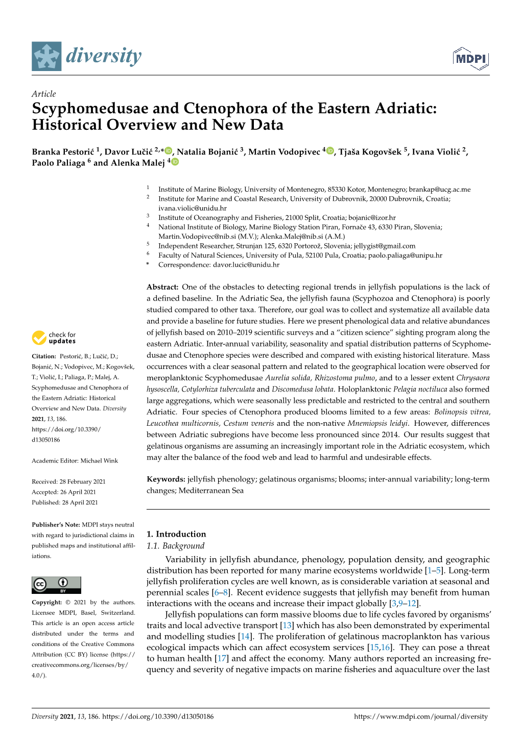 Scyphomedusae and Ctenophora of the Eastern Adriatic: Historical Overview and New Data