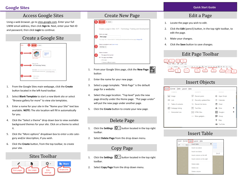 Google Sites Quick Start Guide Access Google Sites Create New Page Edit a Page