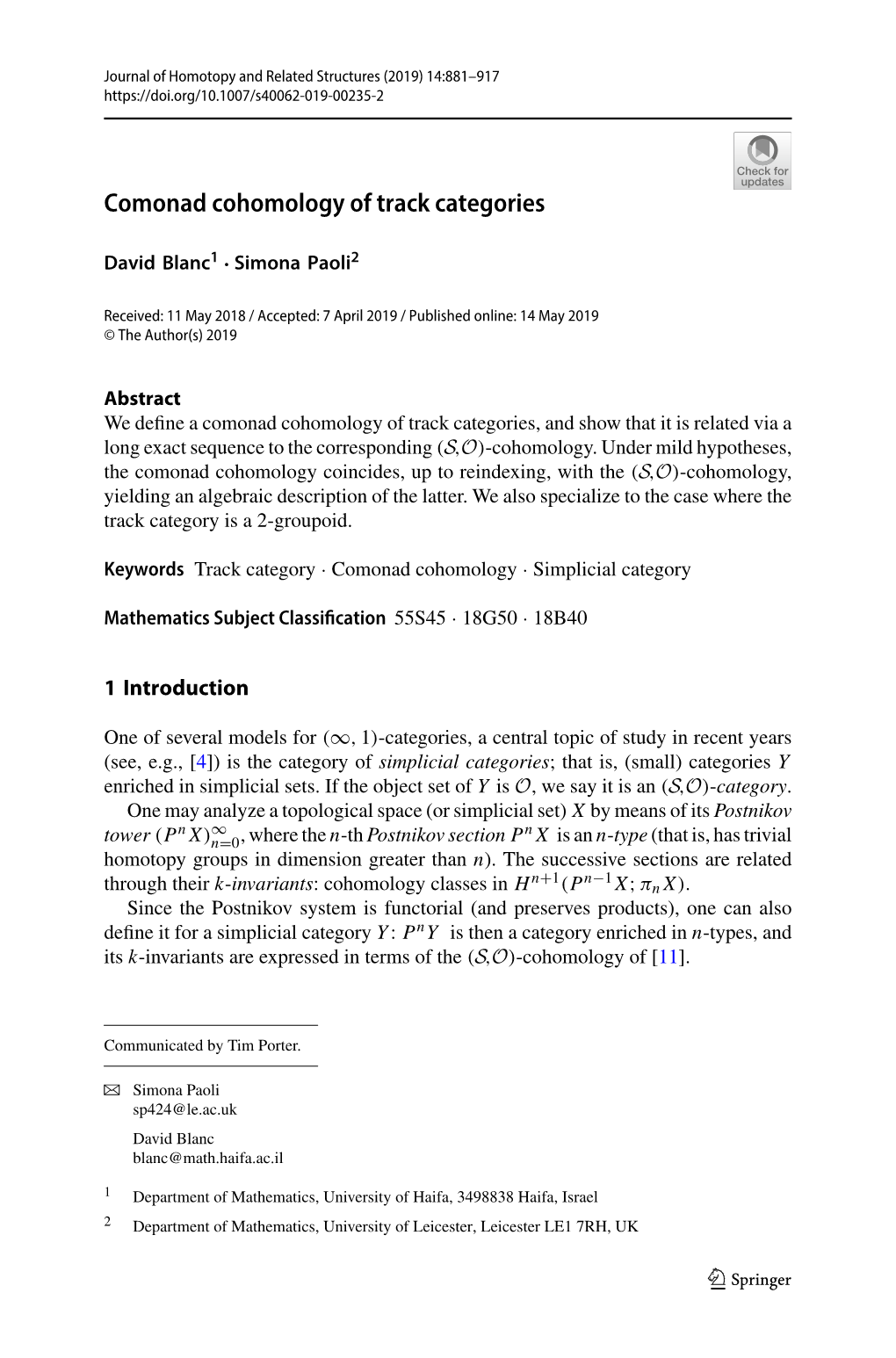 Comonad Cohomology of Track Categories