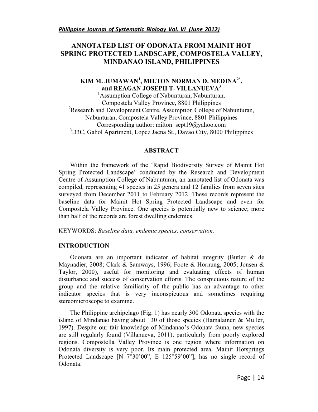 Annotated List of Odonata from Mainit Hot Spring Protected Landscape, Compostela Valley, Mindanao Island, Philippines