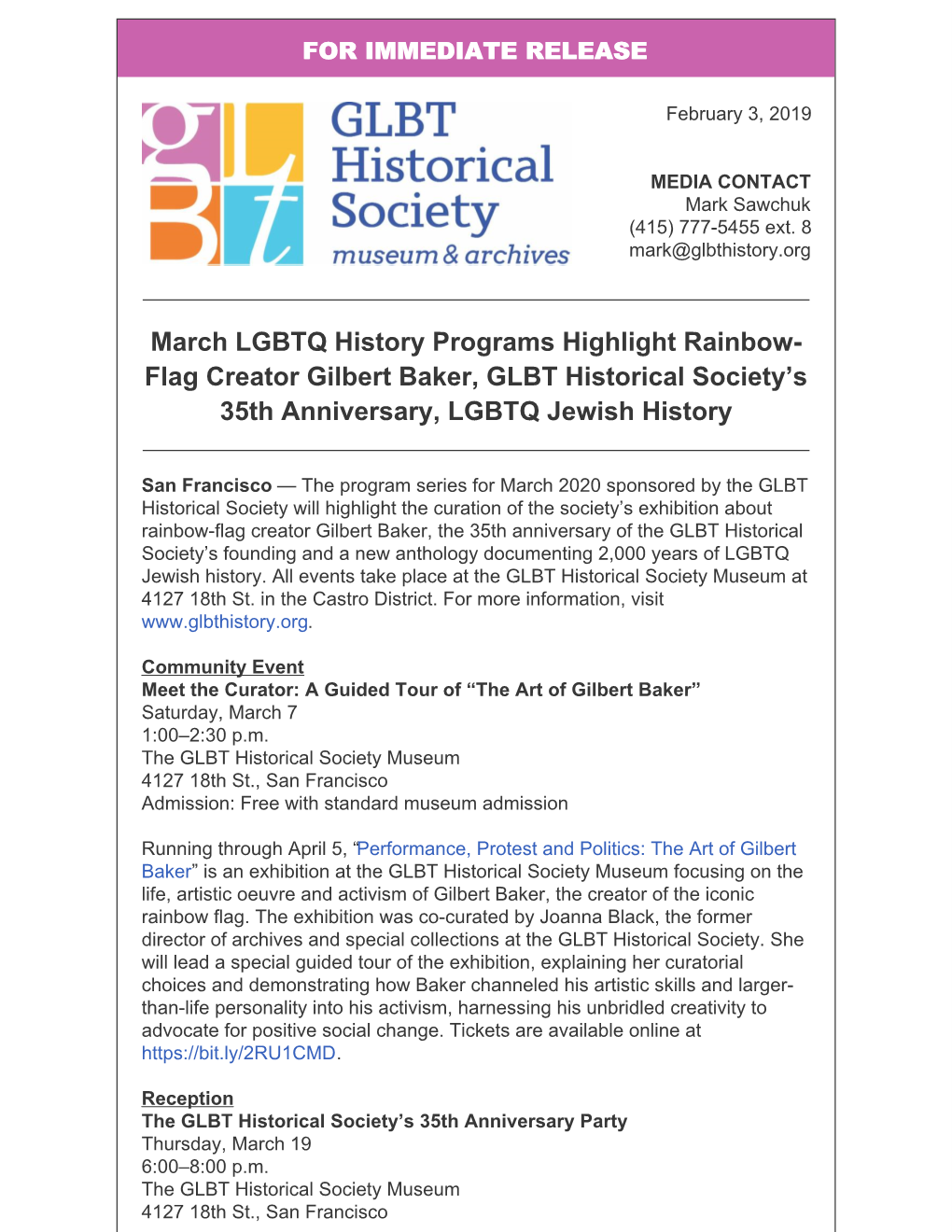 March LGBTQ History Programs Highlight Rainbow- Flag Creator Gilbert Baker, GLBT Historical Society’S 35Th Anniversary, LGBTQ Jewish History