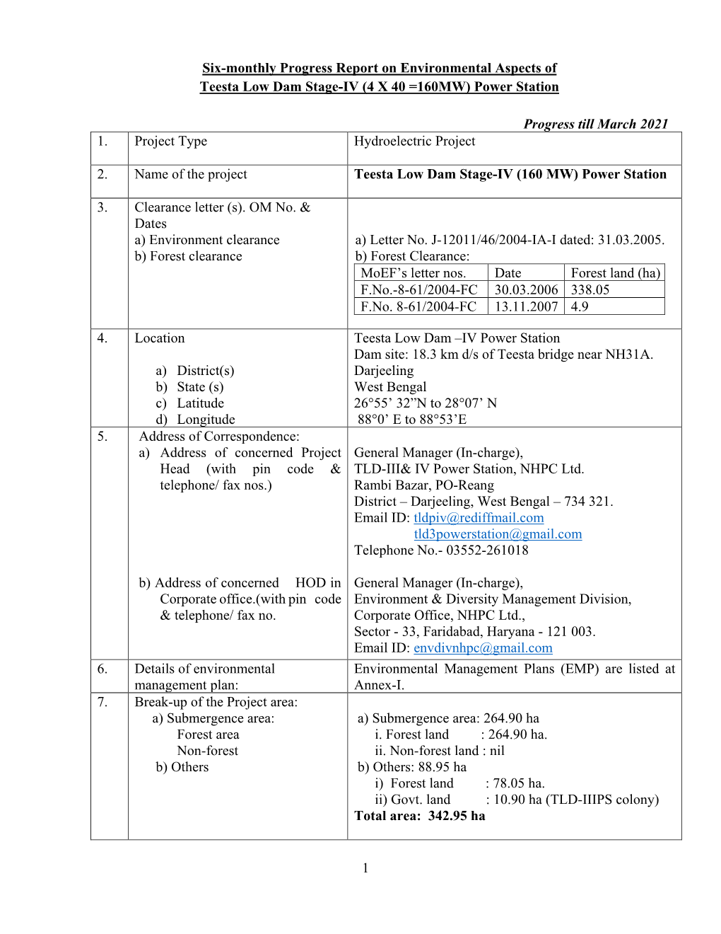 1 Six-Monthly Progress Report on Environmental Aspects of Teesta