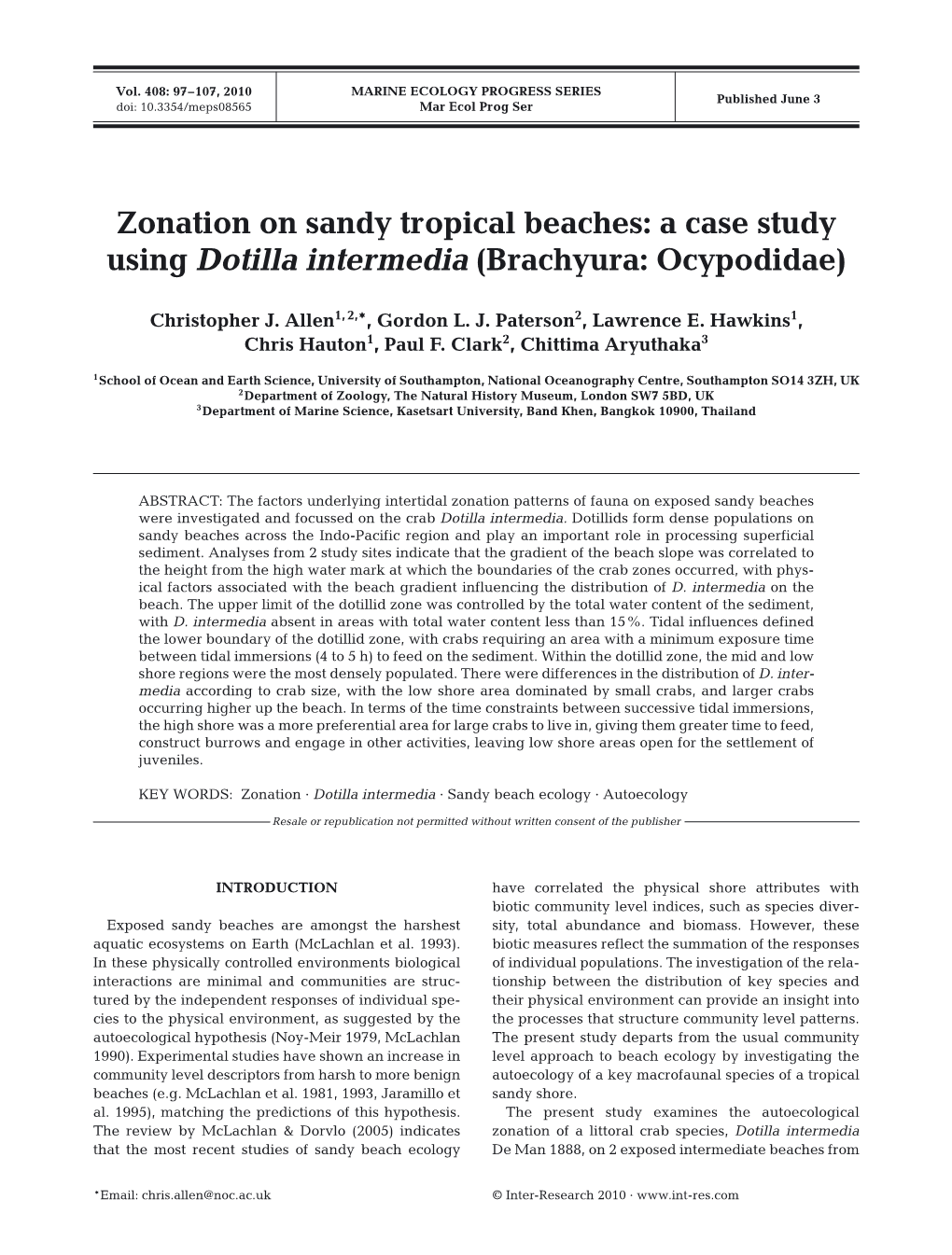 Zonation on Sandy Tropical Beaches: a Case Study Using Dotilla Intermedia (Brachyura: Ocypodidae)