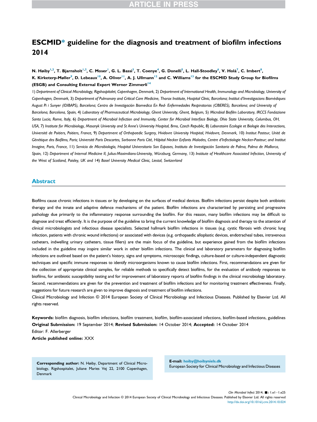 Guideline for the Diagnosis and Treatment of Biofilm Infections 2014