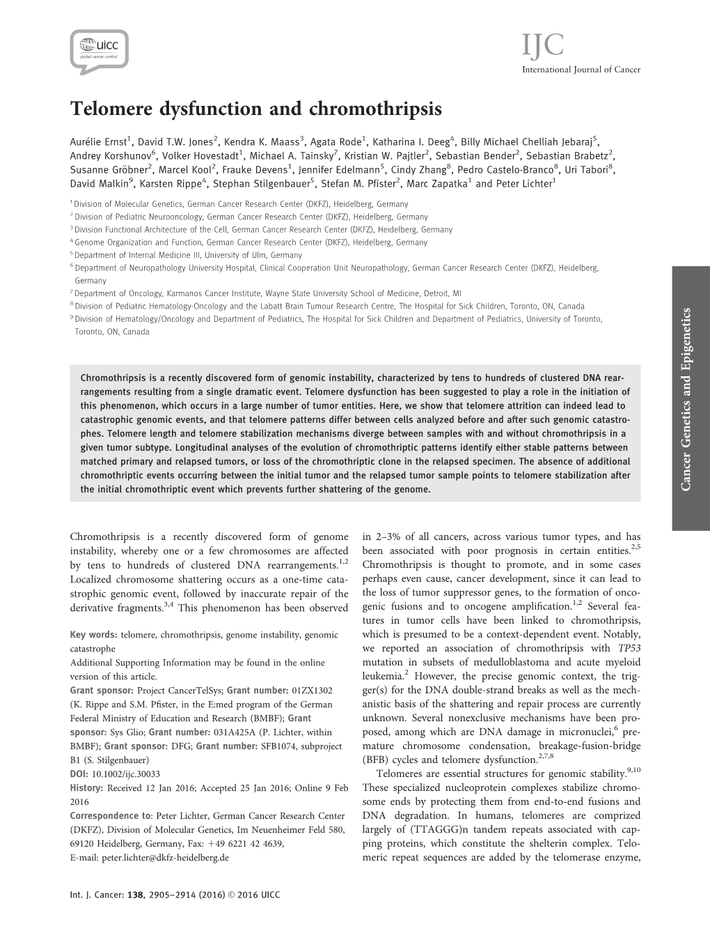 Telomere Dysfunction and Chromothripsis