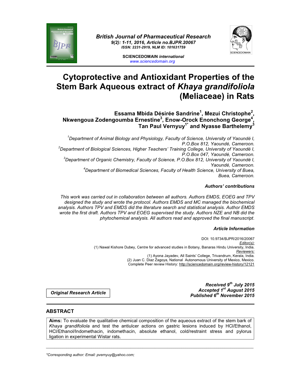 Cytoprotective and Antioxidant Properties of the Stem Bark Aqueous Extract of Khaya Grandifoliola (Meliaceae) in Rats