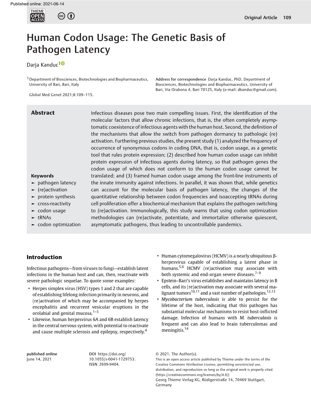 Human Codon Usage: the Genetic Basis of Pathogen Latency