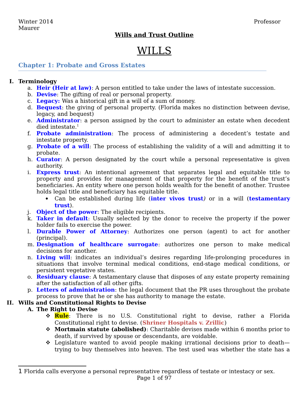 Wills and Trust Outline Chapter 1: Probate and Gross Estates