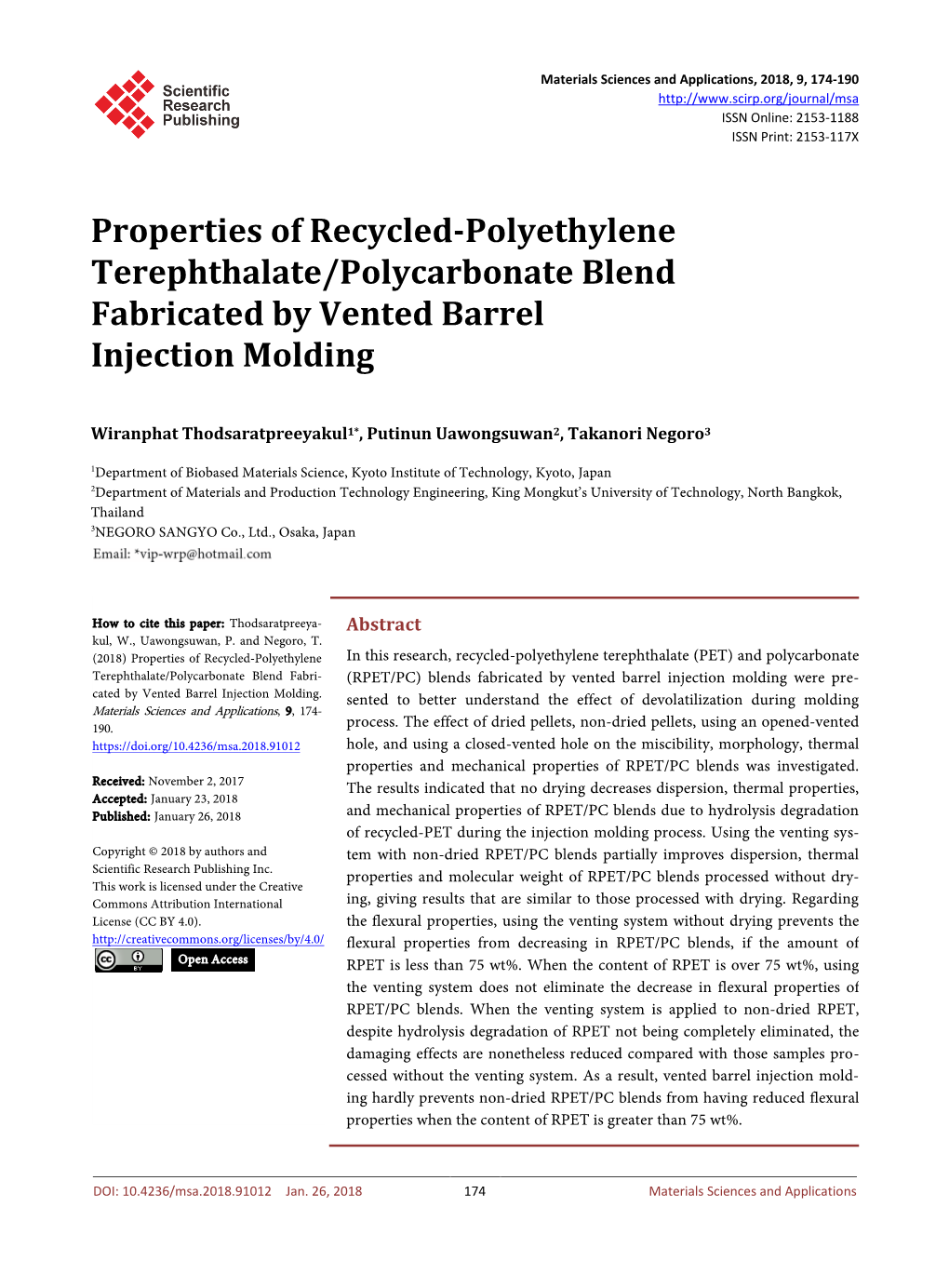 Properties of Recycled-Polyethylene Terephthalate/Polycarbonate Blend Fabricated by Vented Barrel Injection Molding