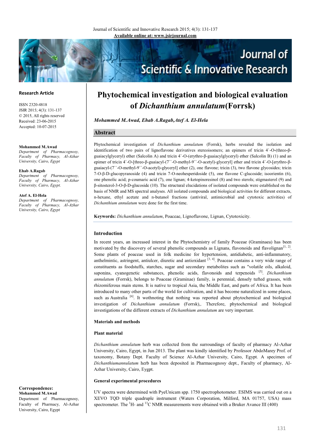 Phytochemical Investigation and Biological Evaluation Of