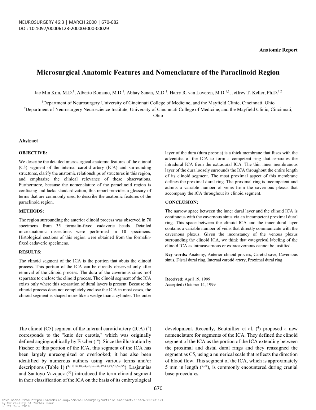 Microsurgical Anatomic Features and Nomenclature of the Paraclinoid Region