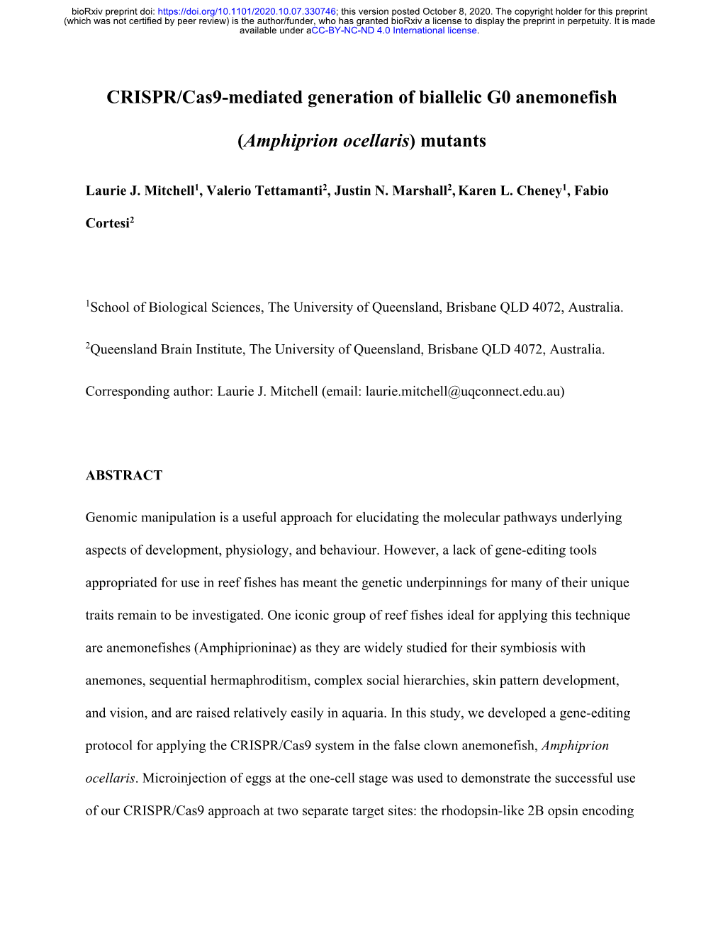 CRISPR/Cas9-Mediated Generation of Biallelic G0 Anemonefish