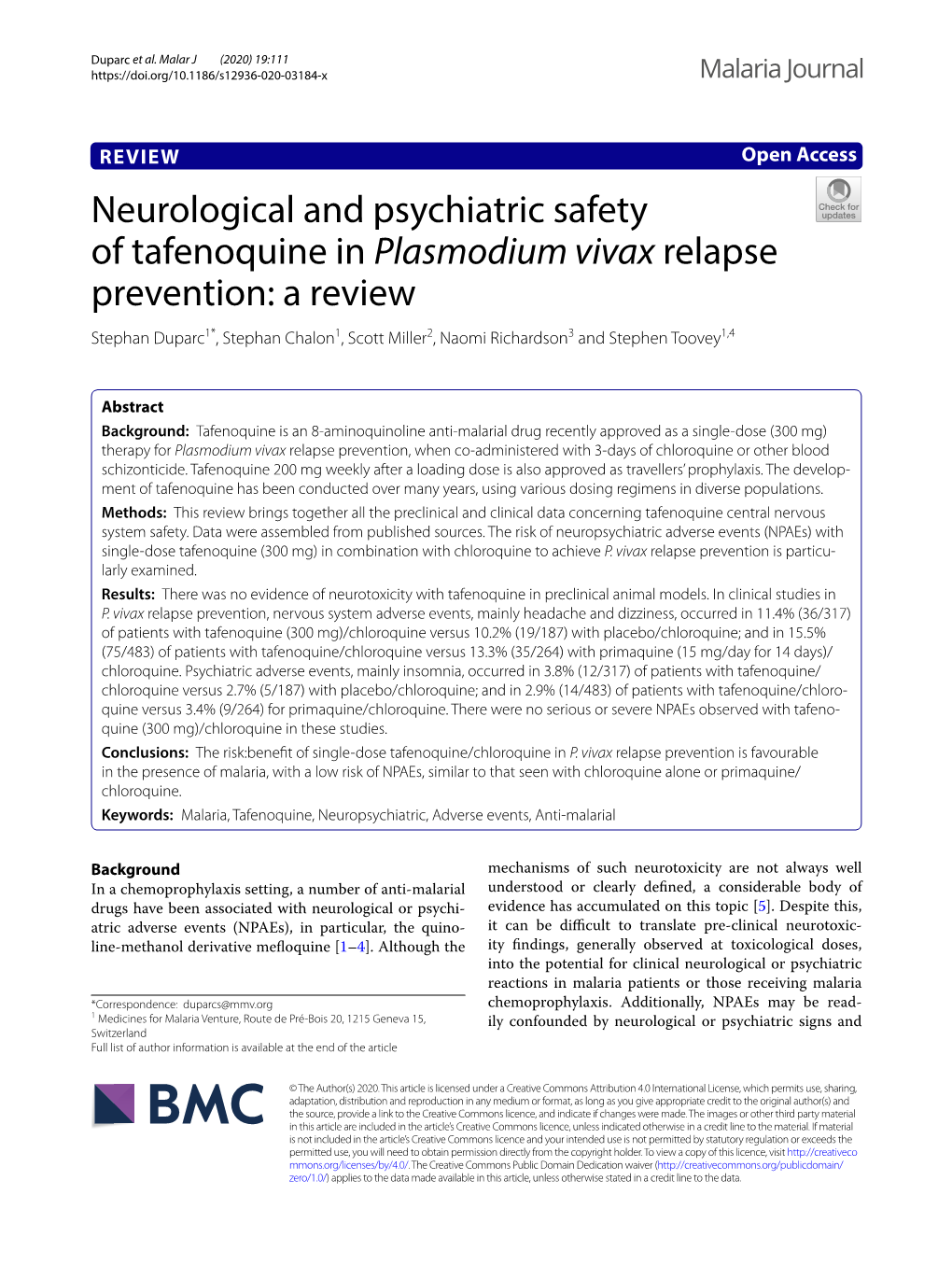 Neurological and Psychiatric Safety of Tafenoquine in Plasmodium Vivax