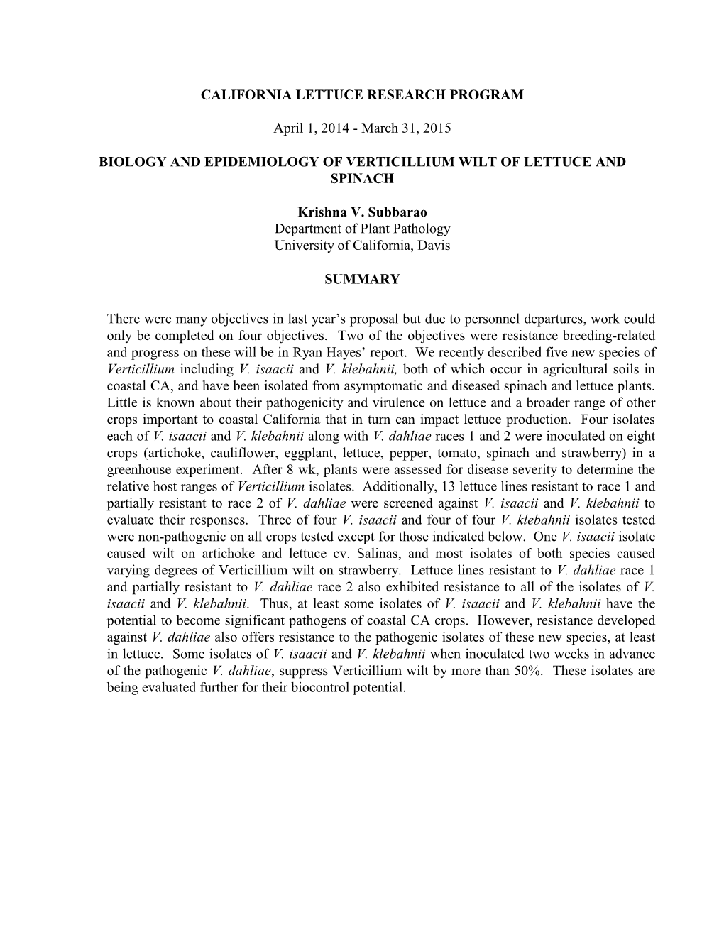 Biology and Epidemiology of Verticillium Wilt in Lettuce And