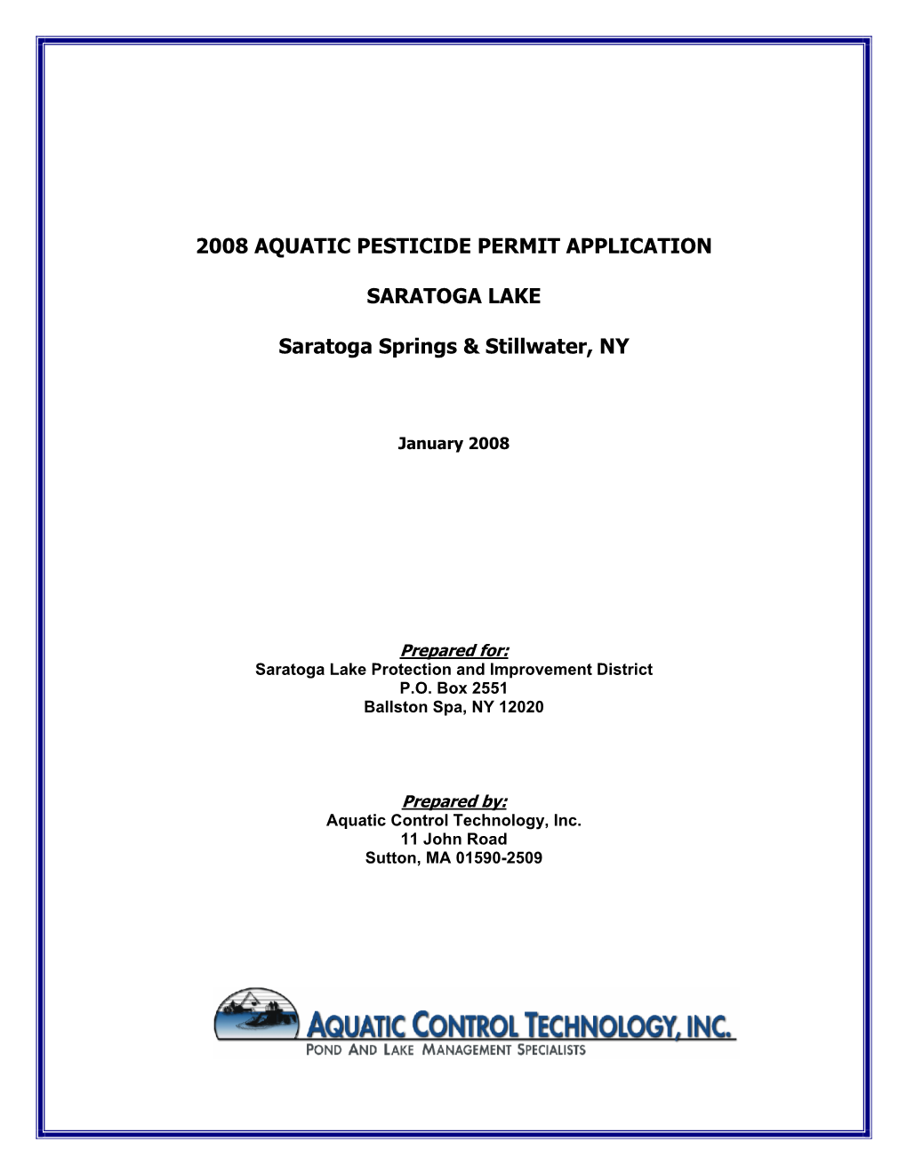 2008 AQUATIC PESTICIDE PERMIT APPLICATION SARATOGA LAKE Saratoga Springs & Stillwater, NY