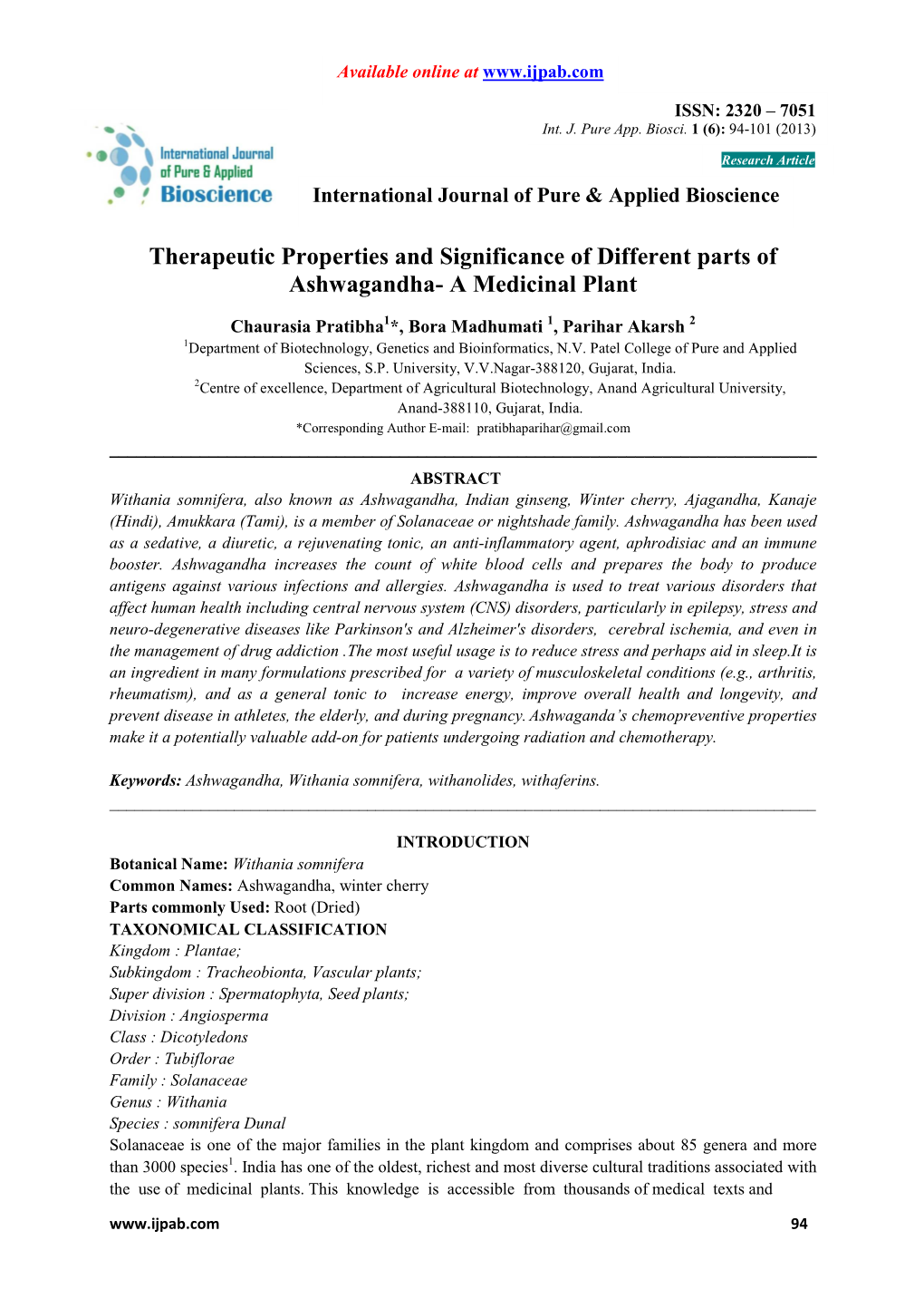 Therapeutic Properties and Significance of Different Parts of Ashwagandha- a Medicinal Plant