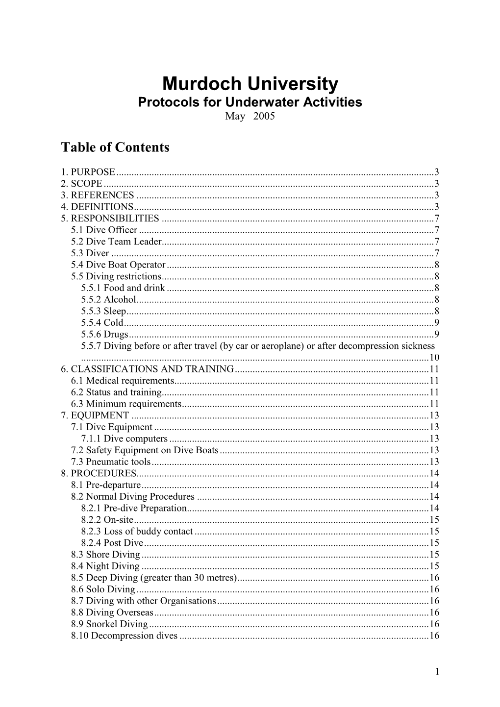 Murdoch University Protocols for Underwater Activities May 2005