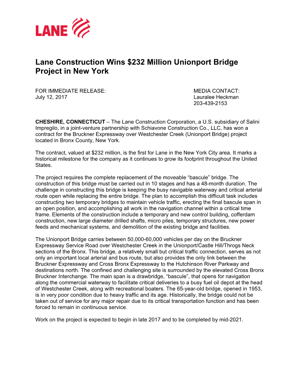 Lane Construction Wins $232 Million Unionport Bridge Project in New York