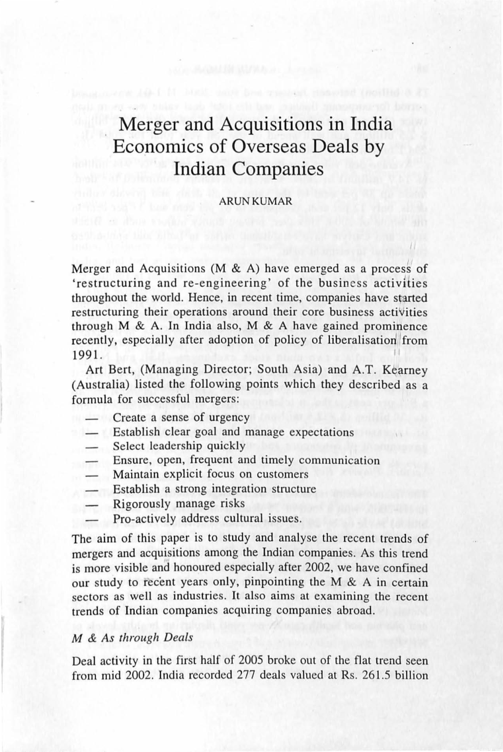 Merger and Acquisitions in India Economics of Overseas Deals by Indian Companies
