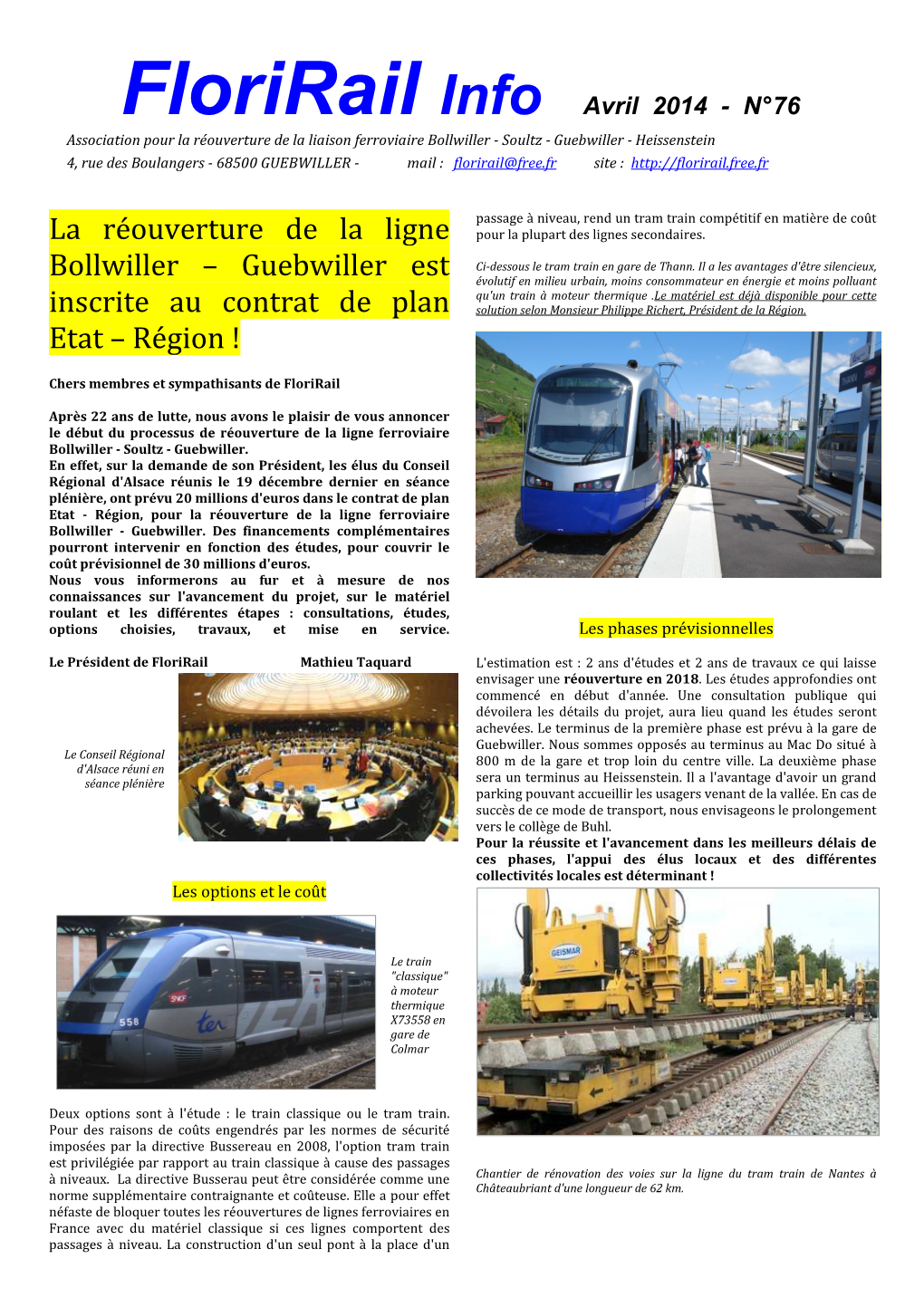 La Réouverture De La Ligne Bollwiller – Guebwiller Est Inscrite Au Contrat De Plan Etat – Région !