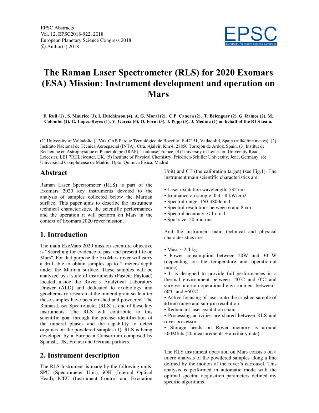 The Raman Laser Spectrometer (RLS) for 2020 Exomars (ESA) Mission: Instrument Development and Operation on Mars