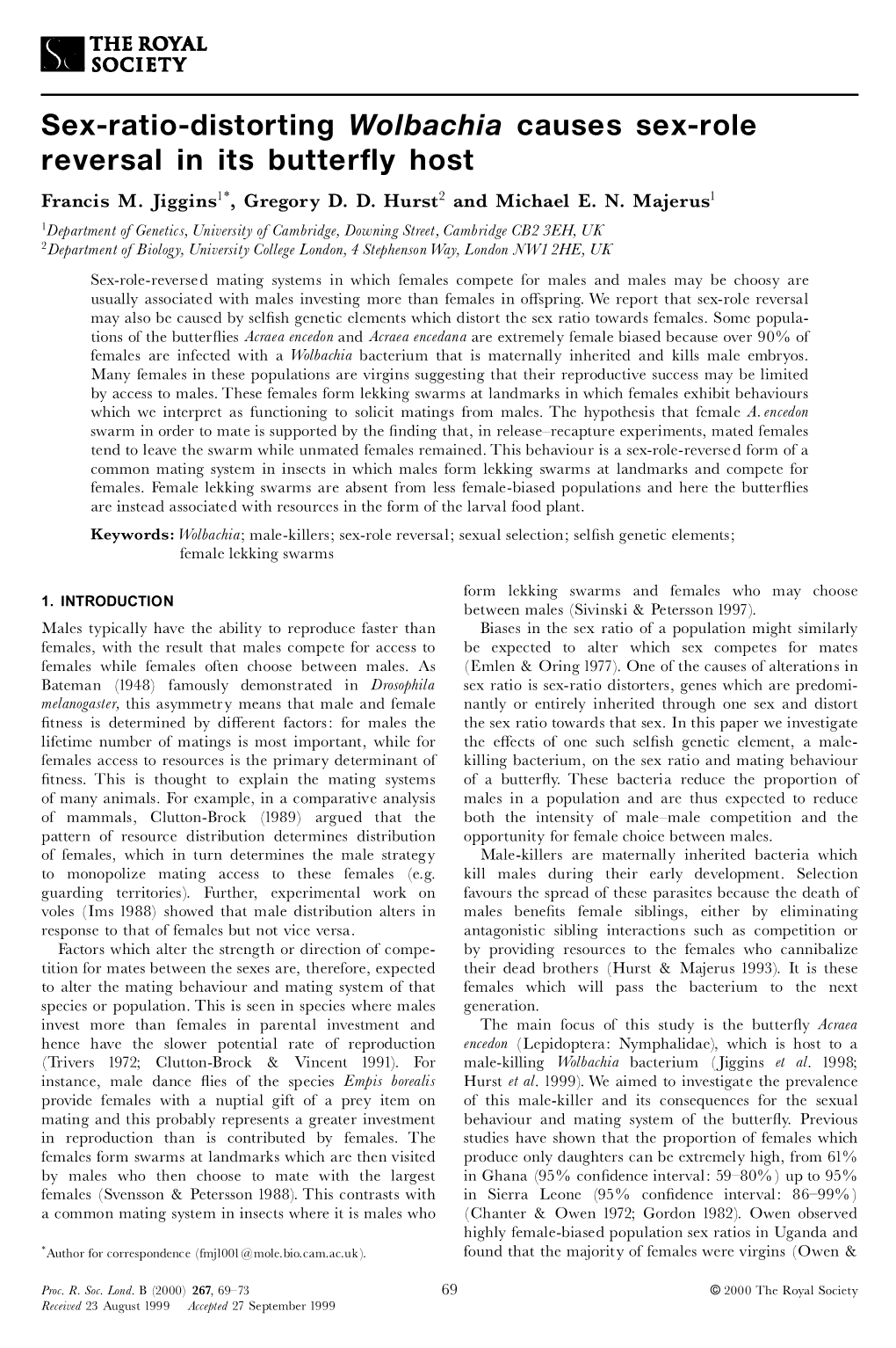 Sex-Ratio-Distorting Wolbachia Causes Sex-Role Reversal in Its Butterfly Host