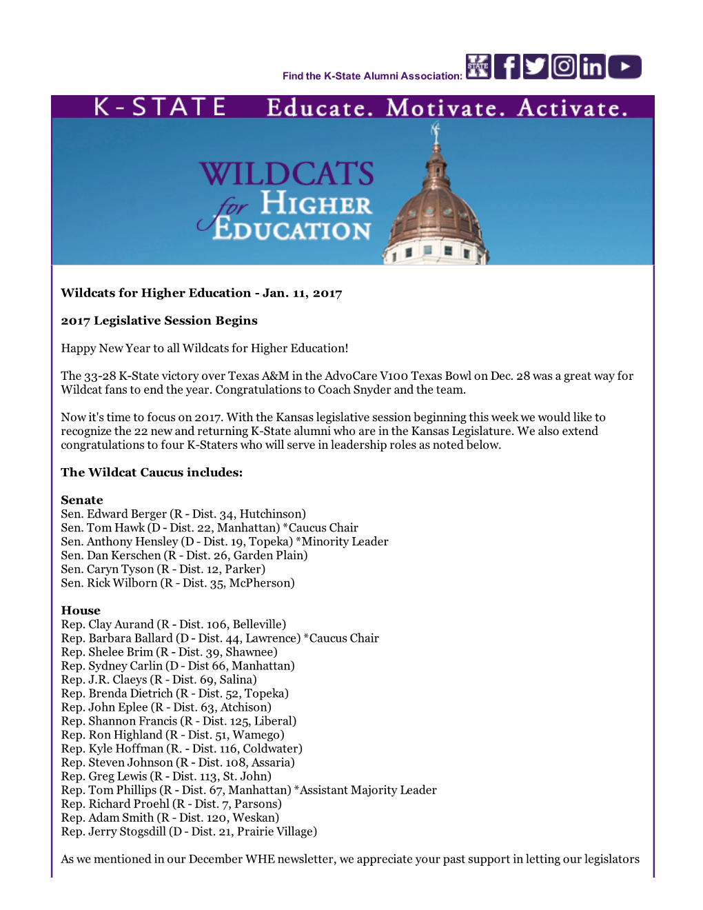 Wildcats for Higher Educationанаjan. 11, 2017 2017 Legislative Session