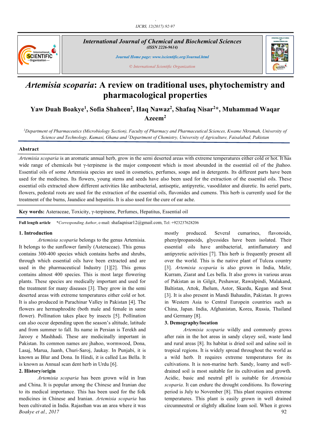 Artemisia Scoparia: a Review on Traditional Uses, Phytochemistry and Pharmacological Properties