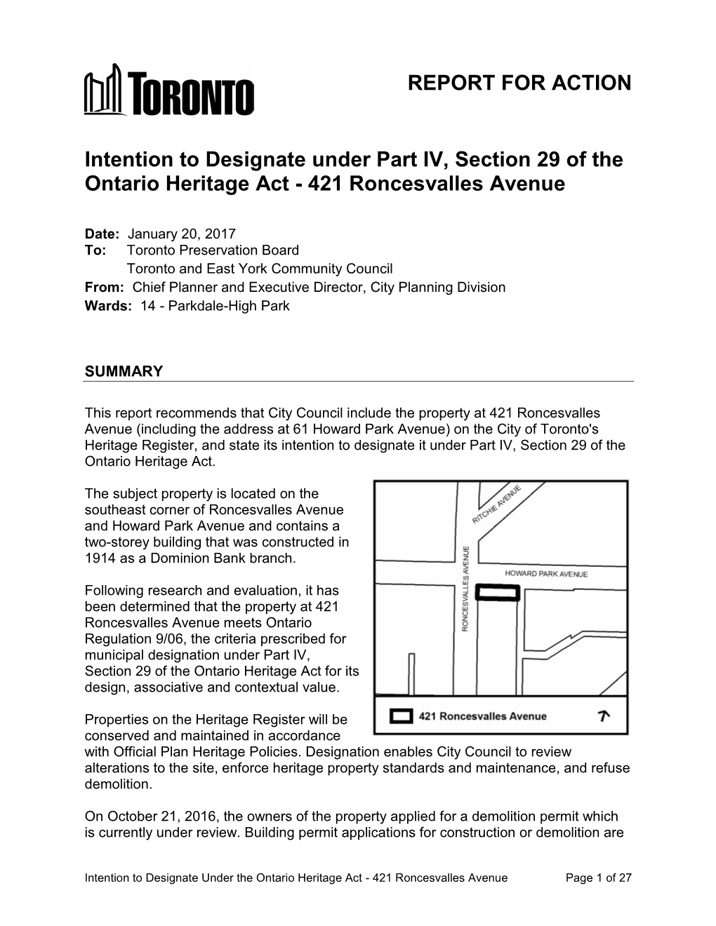 Intention to Designate Under Part IV, Section 29 of the Ontario Heritage Act - 421 Roncesvalles Avenue