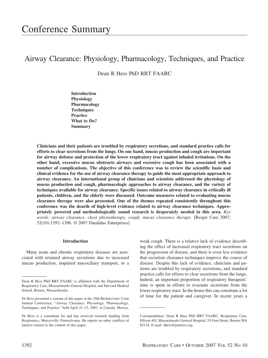 Airway Clearance: Physiology, Pharmacology, Techniques, and Practice