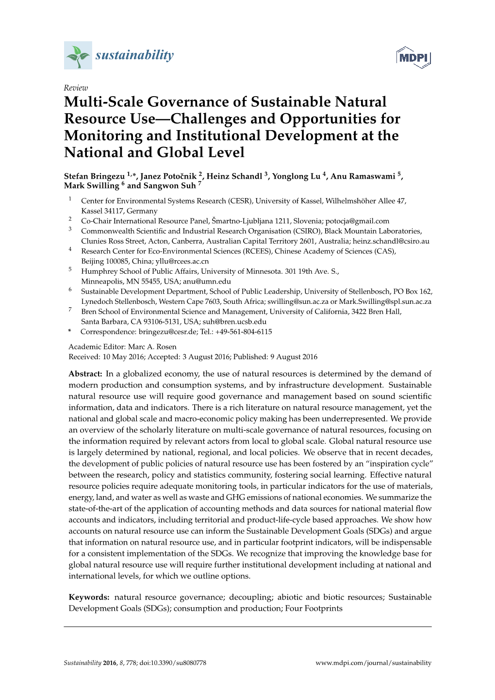 Multi-Scale Governance of Sustainable Natural Resource Use—Challenges and Opportunities for Monitoring and Institutional Development at the National and Global Level