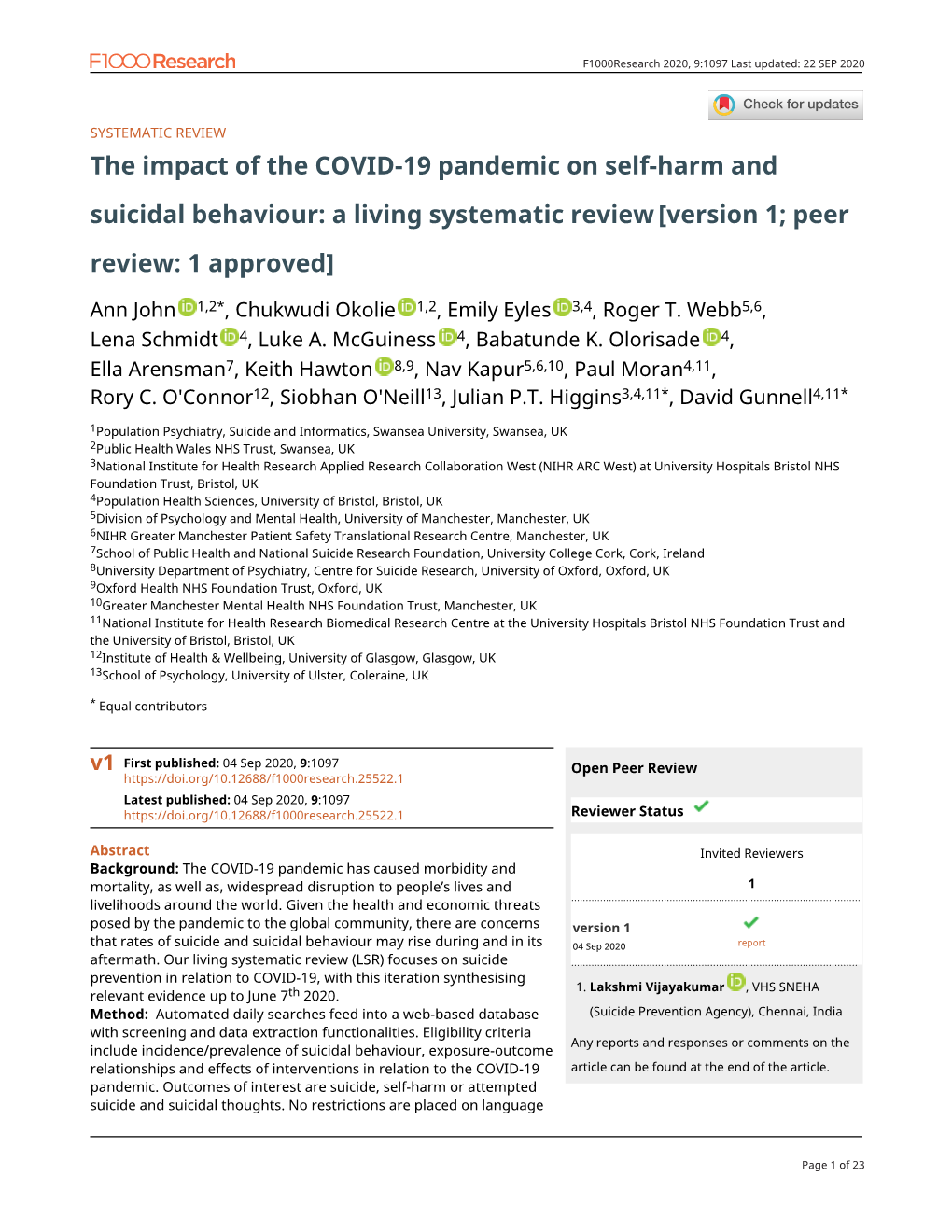 The Impact of the COVID-19 Pandemic on Self-Harm and Suicidal Behaviour: a Living Systematic Review [Version 1; Peer Review: 1 Approved]