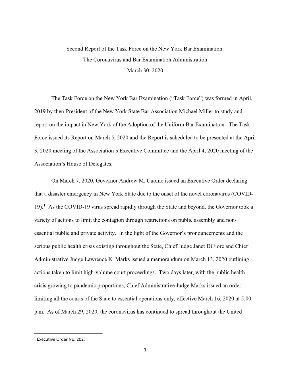 Second Report of the Task Force on the New York Bar Examination: the Coronavirus and Bar Examination Administration March 30, 2020