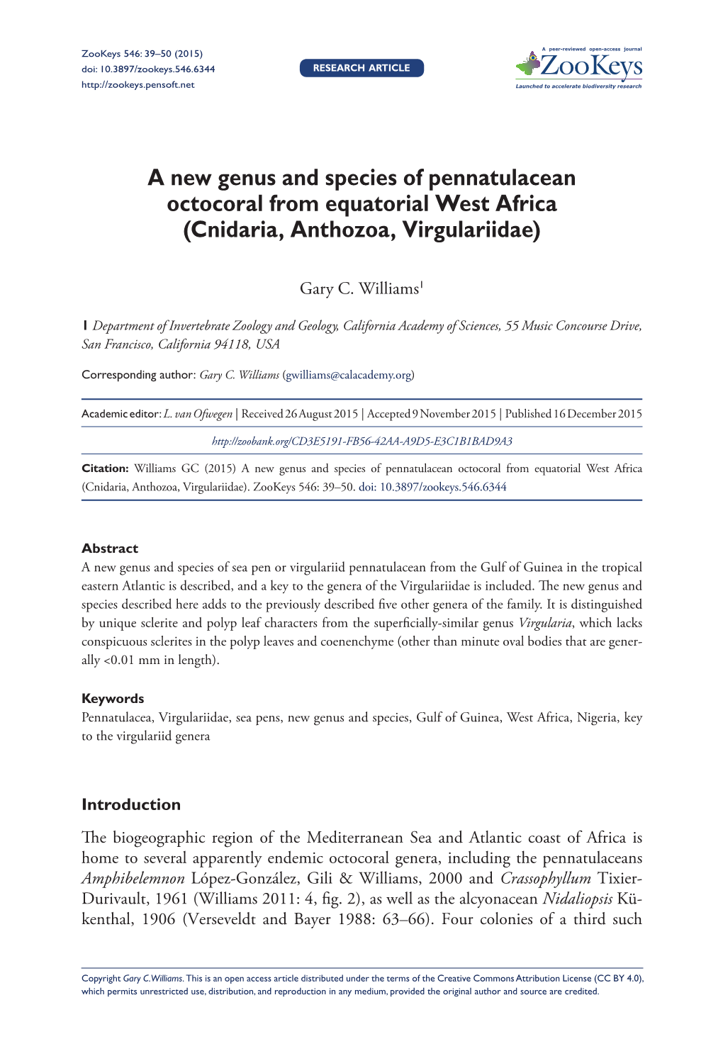 ﻿A New Genus and Species of Pennatulacean Octocoral from Equatorial West Africa (Cnidaria, Anthozoa, Virgulariidae)