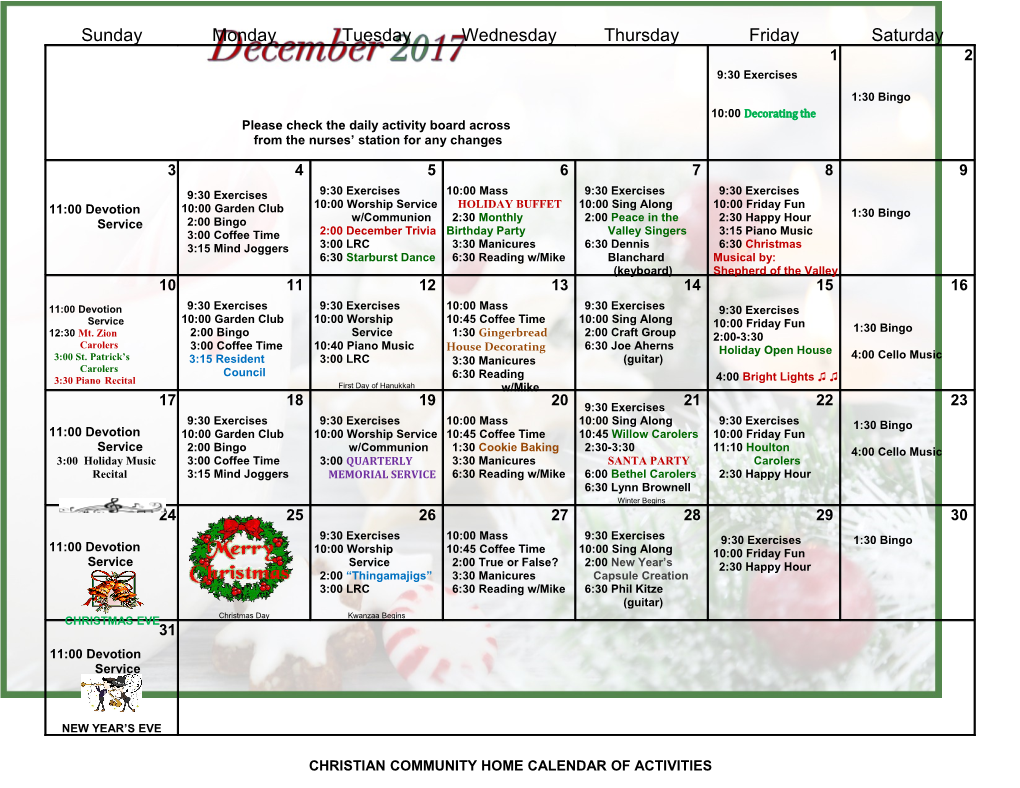 Christian Community Home Calendar of Activities