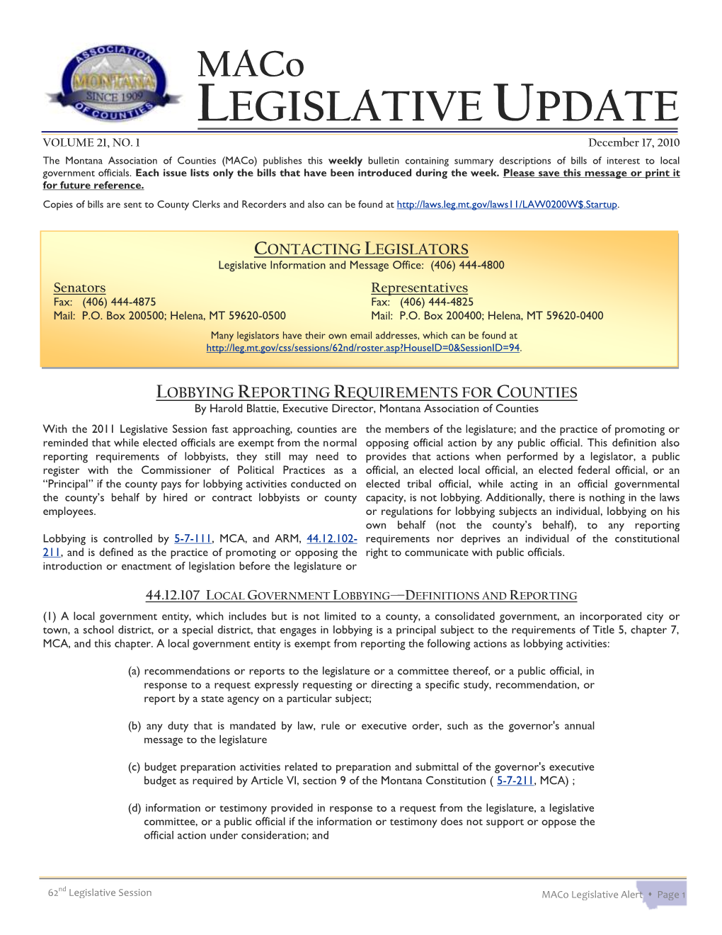 Legislative Update Volume 21, No