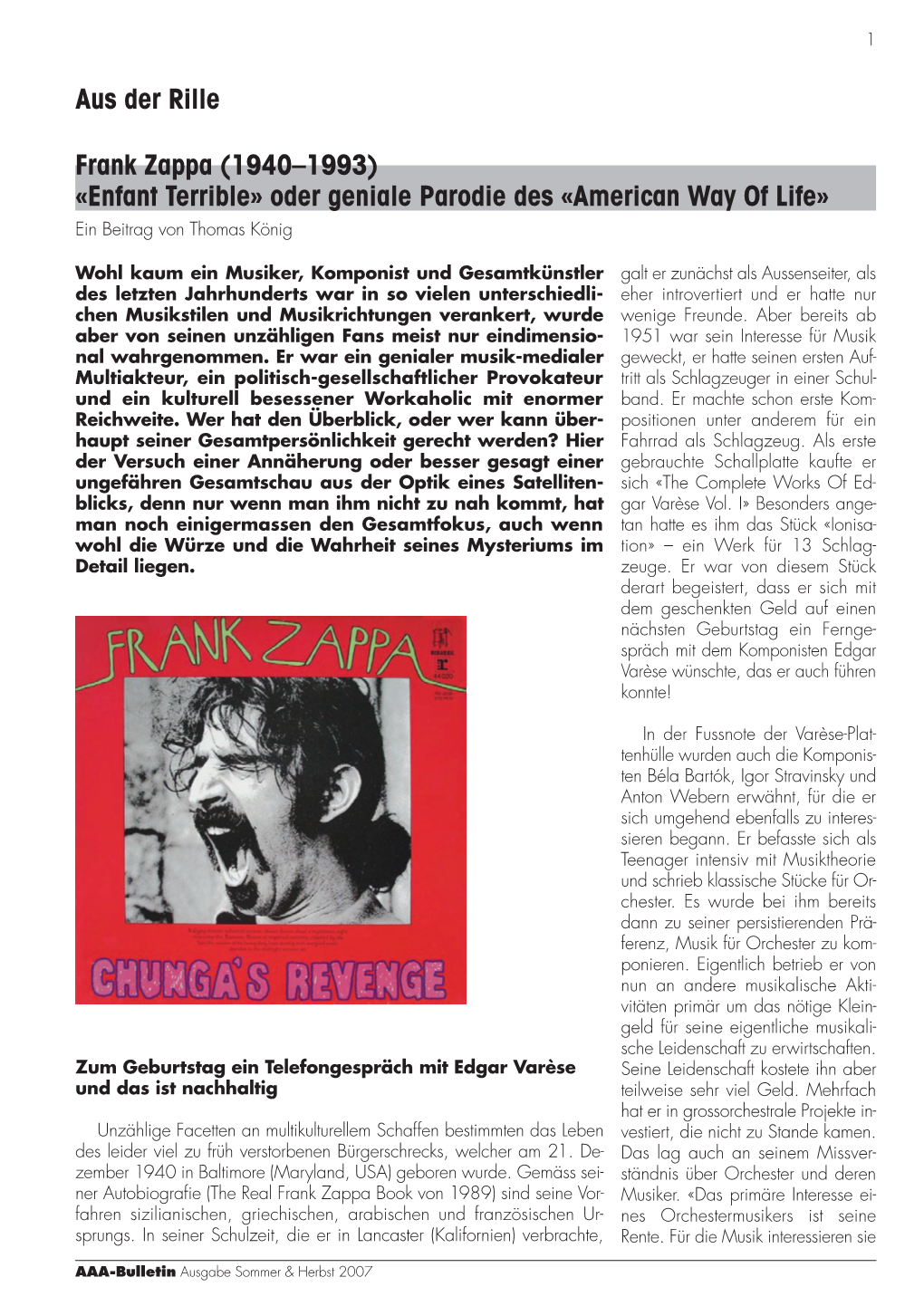 Frank Zappa (1940–1993) «Enfant Terrible» Oder Geniale Parodie Des «American Way of Life» Ein Beitrag Von Thomas König