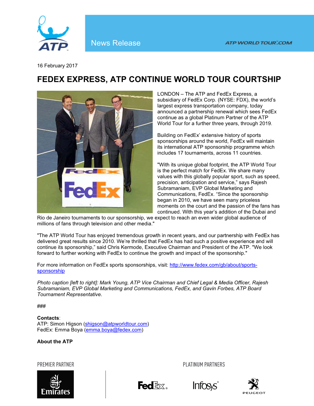 Fedex Express, Atp Continue World Tour Courtship