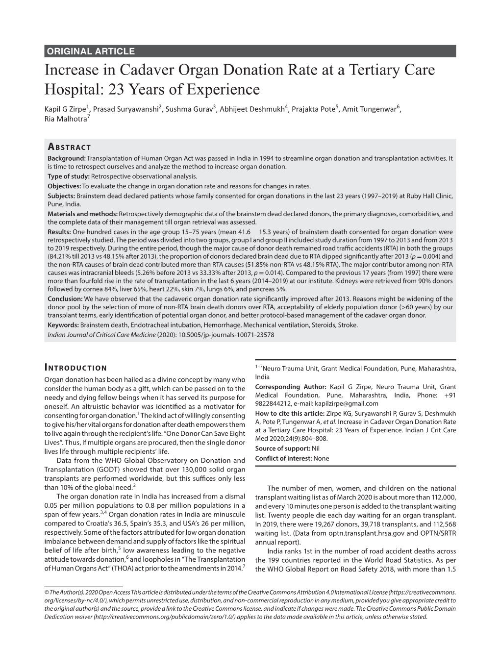 Increase in Cadaver Organ Donation Rate at a Tertiary Care Hospital