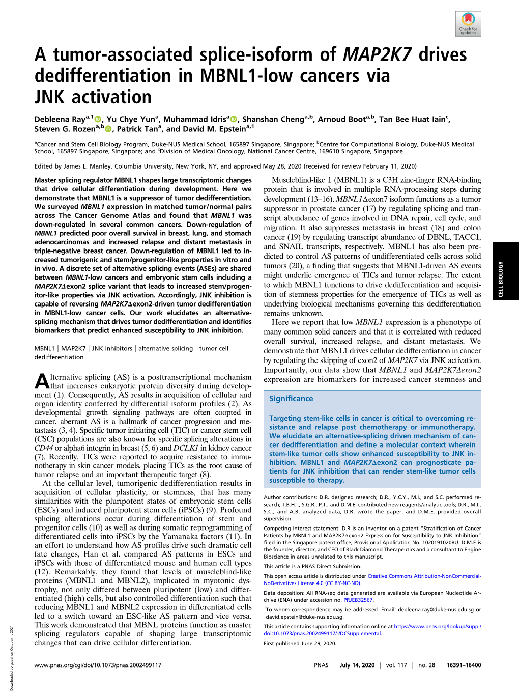 A Tumor-Associated Splice-Isoform of MAP2K7 Drives Dedifferentiation in MBNL1-Low Cancers Via JNK Activation