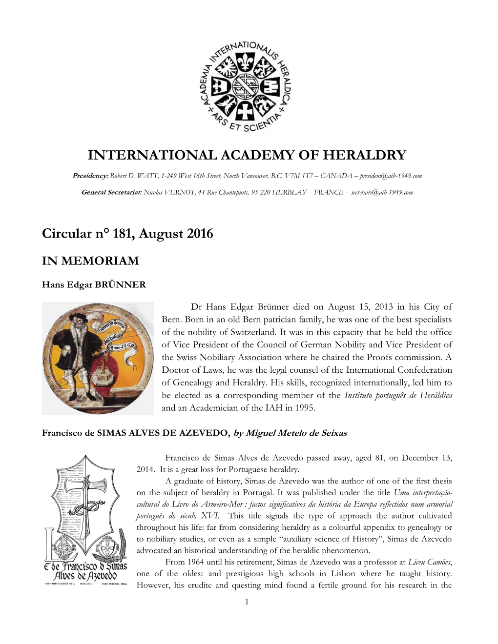 INTERNATIONAL ACADEMY of HERALDRY Circular N° 181