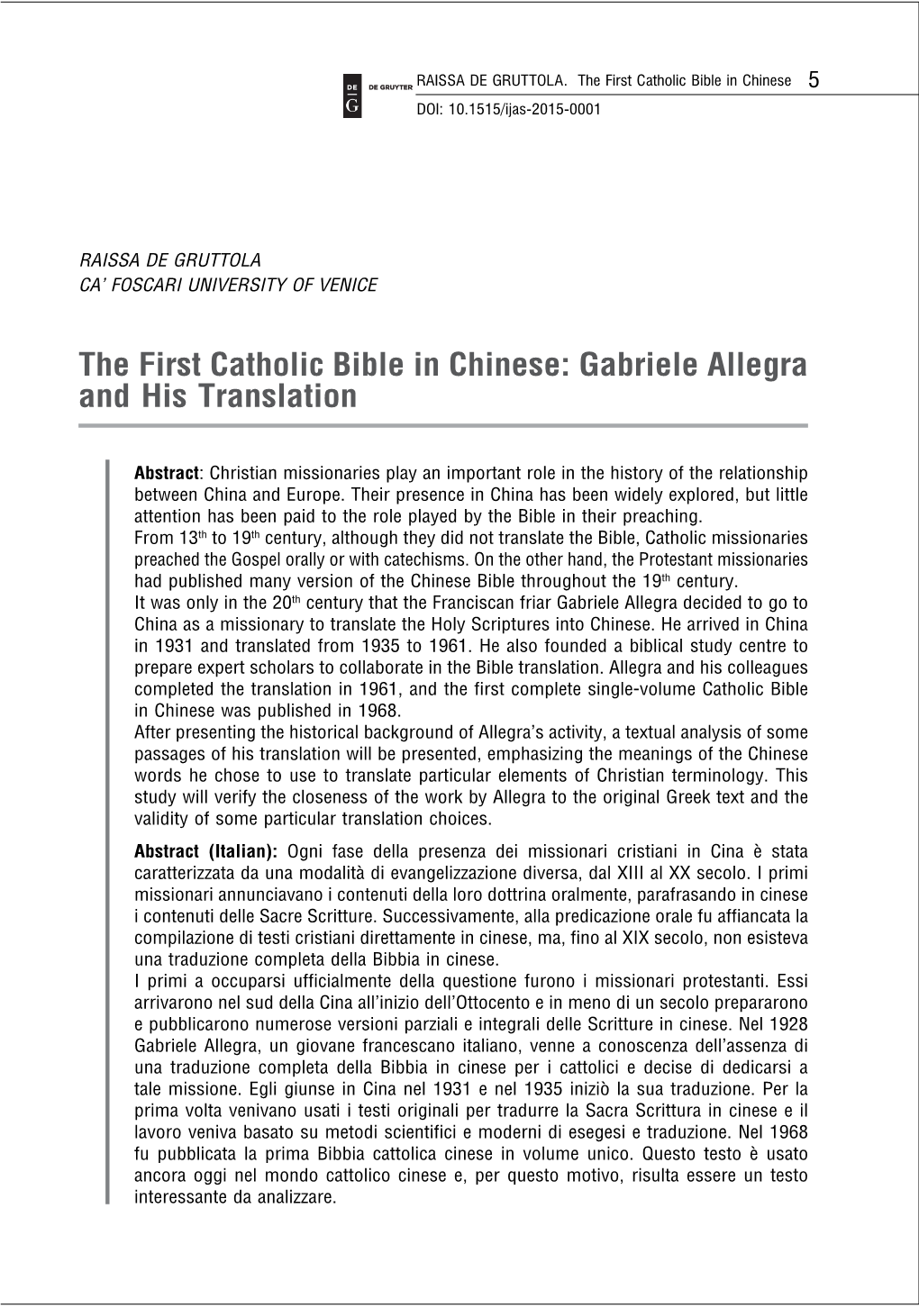 The First Catholic Bible in Chinese: Gabriele Allegra and His Translation