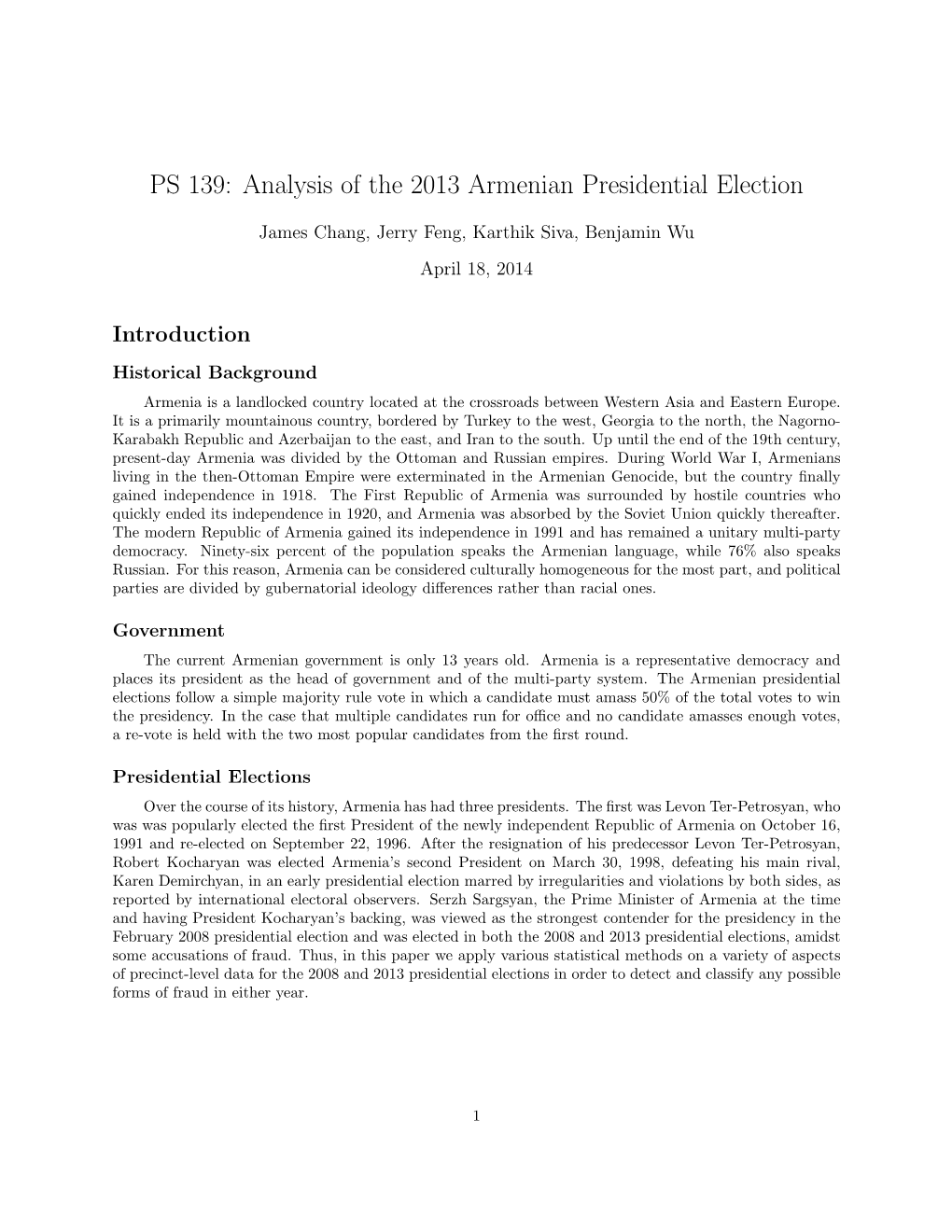 PS 139: Analysis of the 2013 Armenian Presidential Election