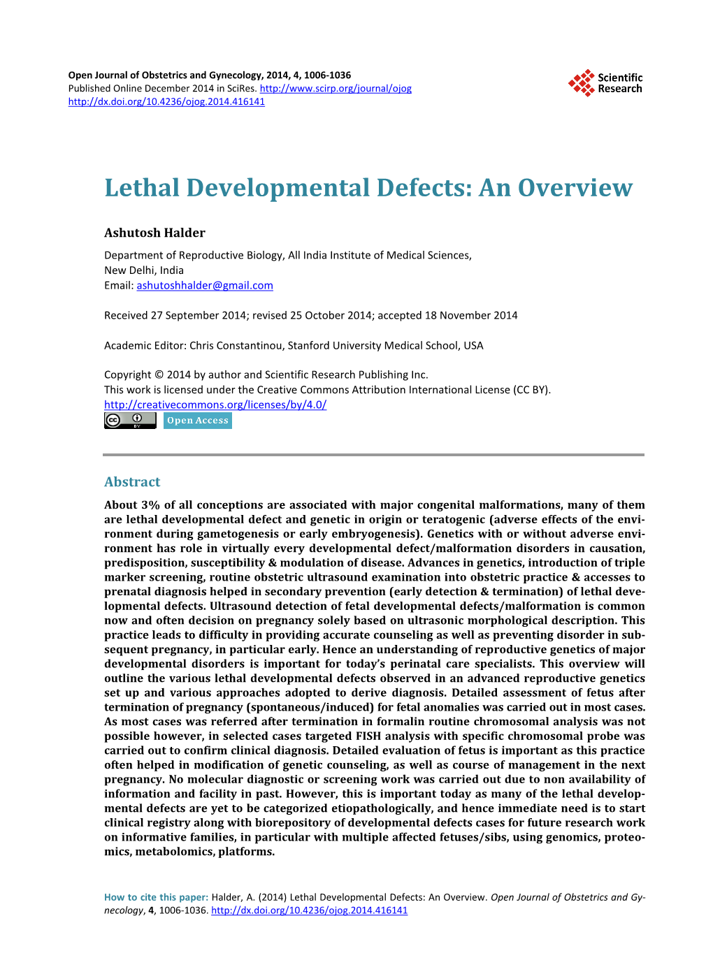 Lethal Developmental Defects: an Overview